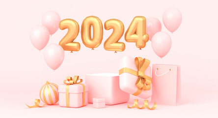 Christmas decoration holiday on pink color background. 3d rendering