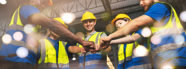 Group of Diverse Warehouse Workers Join Hands Together To Making Team Spirit, Industrial Management...