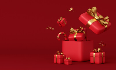Realistic 3d red gift boxes on a red background. 3d rendering