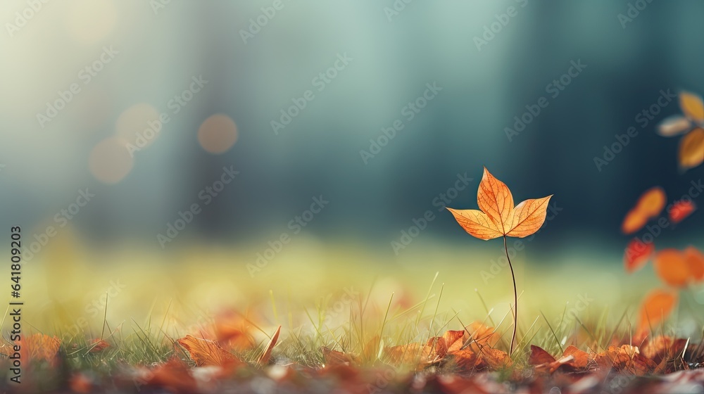 Poster a single leaf is in the middle of a field of leaves. generative ai