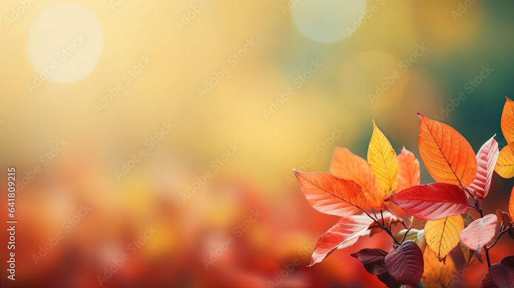 Poster a bunch of leaves that are on a branch in front of a blurry background. generative ai