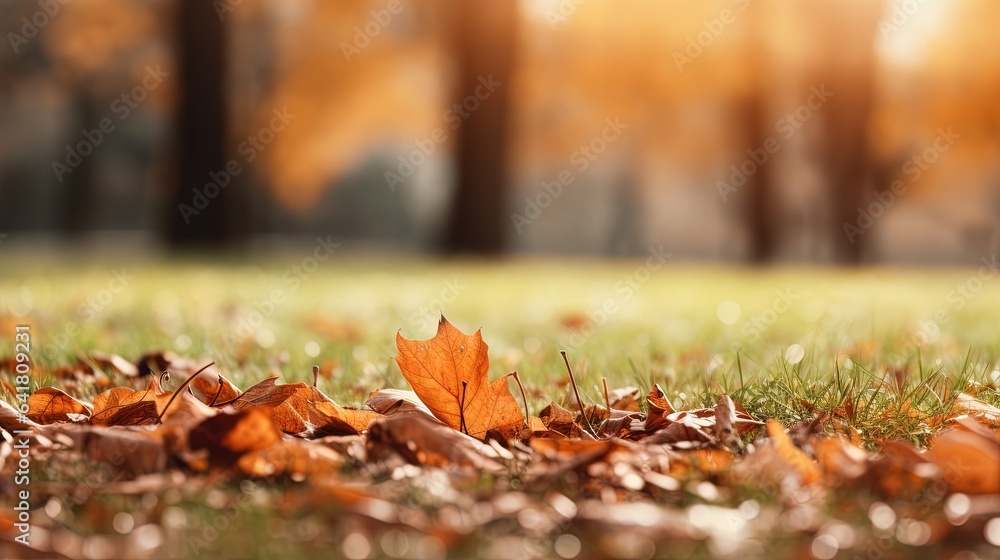 Poster a leaf laying on the ground in a park with grass and trees in the background. generative ai