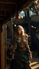 Beautiful blond female gladiator girl wearing armor in a medieval festival arena