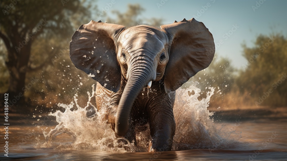 Poster an elephant splashing in the water with trees in the background. generative ai