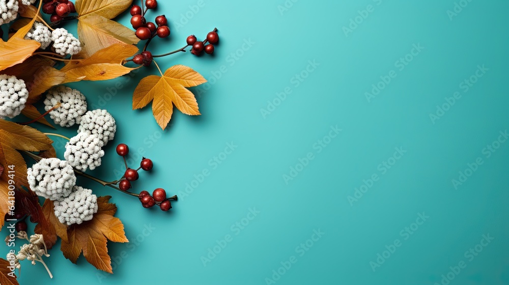 Poster autumn leaves and berries on a blue background with copy space. generative ai