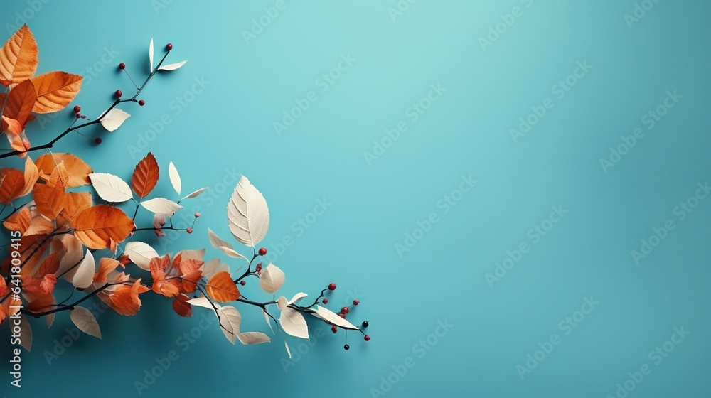Poster a branch with leaves and berries on a blue background with a place for text. generative ai