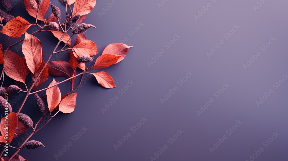 Poster a branch of a tree with red leaves on a purple background. generative ai