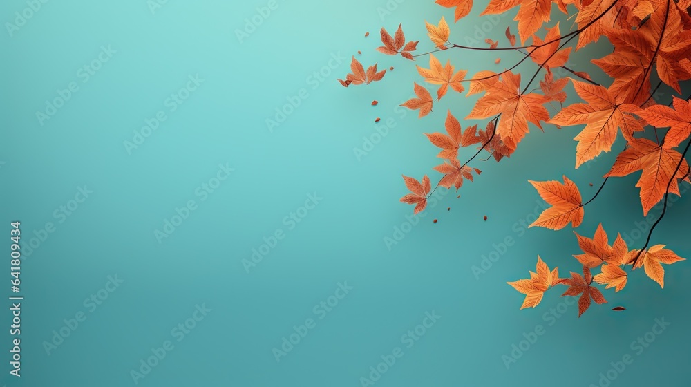 Poster  a branch with orange leaves on a blue background with space for text.  generative ai