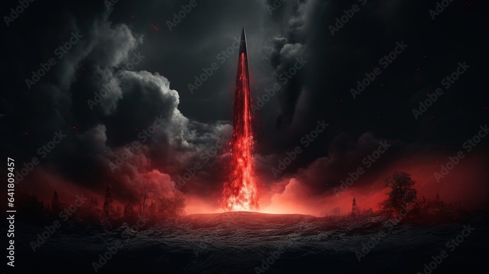 Poster a tall red tower surrounded by dark clouds and a red light. generative ai