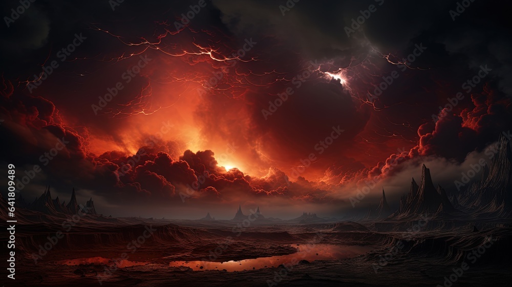 Poster a painting of a red and black sky with clouds and lightning. generative ai