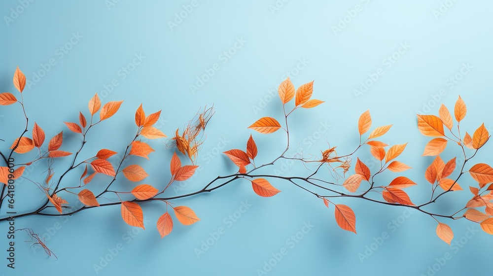 Poster a branch with orange leaves on a blue background with space for text. generative ai