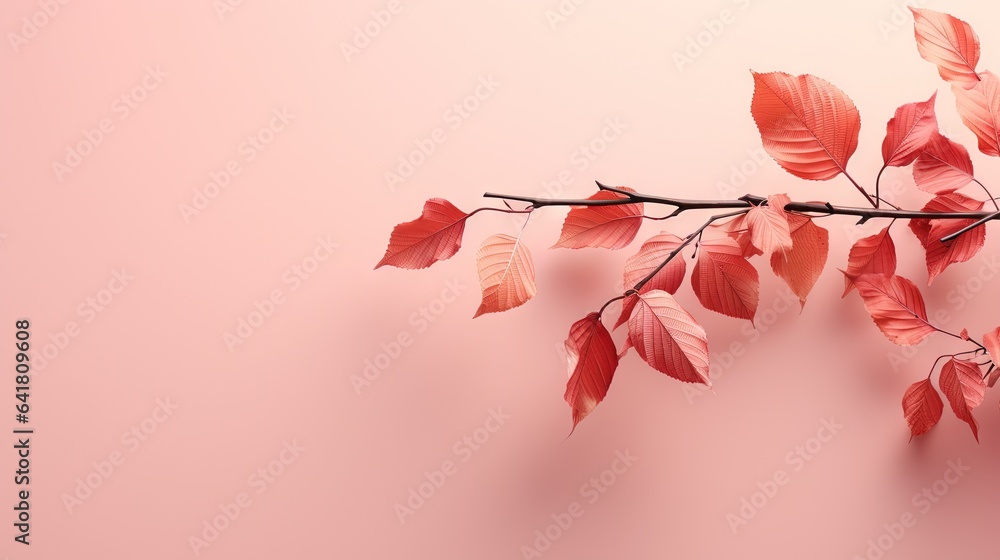 Poster a branch of a tree with red leaves on a pink background. generative ai