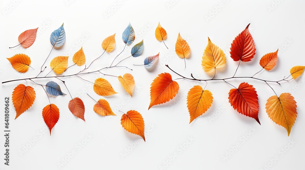 Poster a branch with several different colored leaves hanging from it's branches. generative ai
