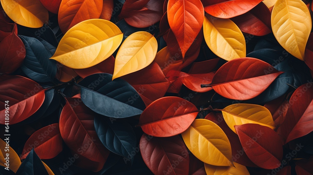 Poster a bunch of leaves that are all different colors and sizes. generative ai