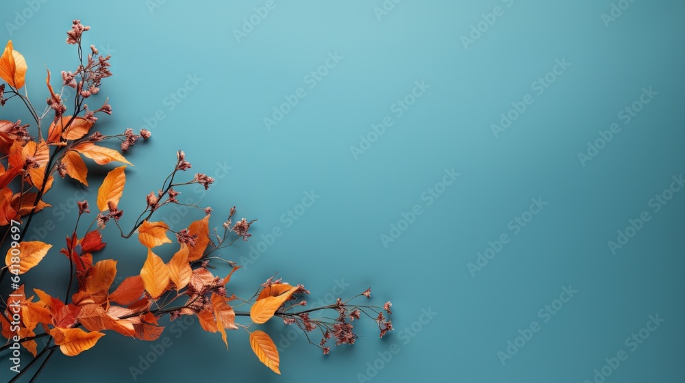 Poster a branch with orange leaves on a blue background with space for text. generative ai