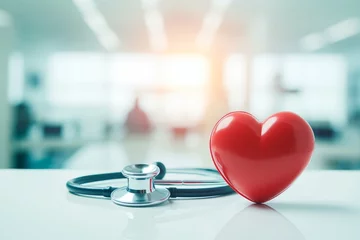 Foto op Plexiglas Red heart love shape hand exercise ball with doctor physician's stethoscope on hospital background: Hospital life insurance concept: World heart health day. doctor day, world hypertension,GenerativeAI © Image Alchemy