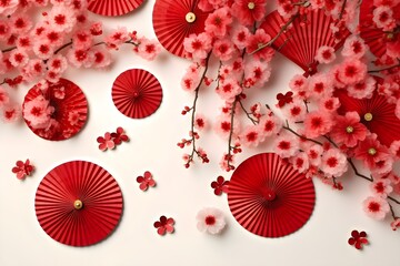 Red and Gold Chinese New Year, Cherry Blossom branches, sakura, red and gold paper fans mockup product photography background, top view backdrop, 