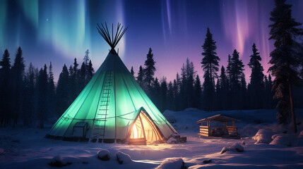 Nature's Light Show. Captivating Northern Lights Display Above Tepees in Yellowknife. Generative AI