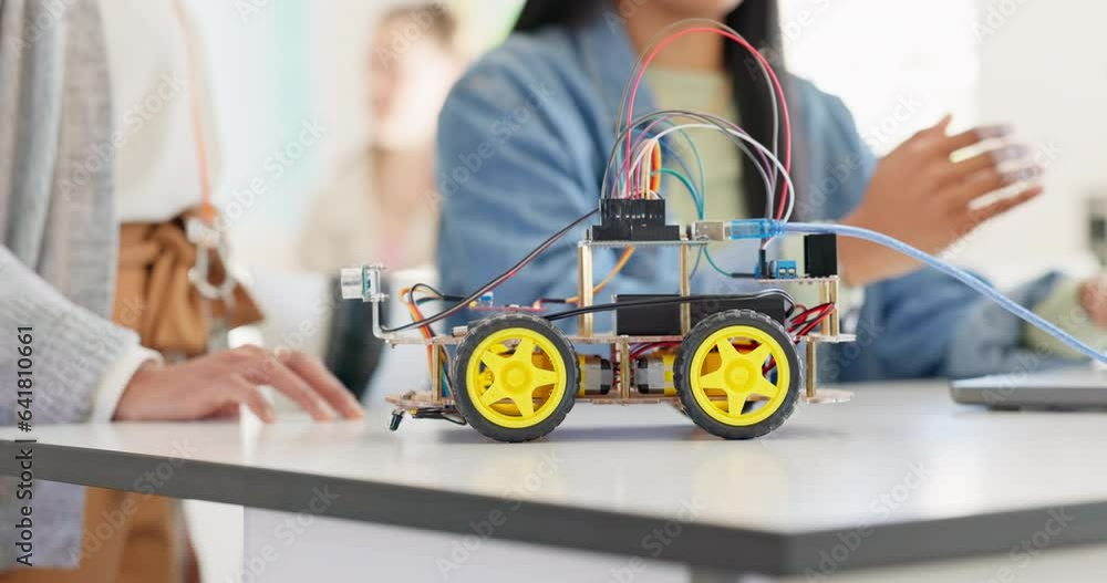 Poster hands, robotics classroom and students at school, learning or discussion for future development. gro