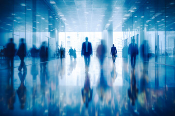 Fototapeta na wymiar Businesspeople walking in the corridor of a business center, pronounced motion blur. illustration of busy life concept