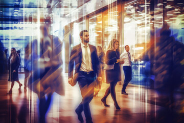 Businesspeople walking in the corridor of a business center, pronounced motion blur.  illustration of busy life concept