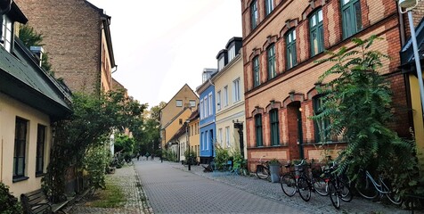 Street with traditional scandinavian architecture in the old part of Lund, Sweden
