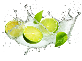 Fresh bitter lime citrus with splashes of water isolated on white background