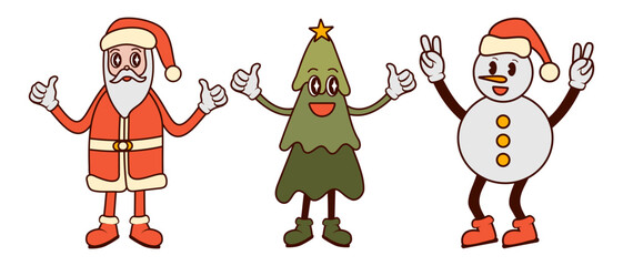 santa claus, Christmas tree, snowman retro cartoon