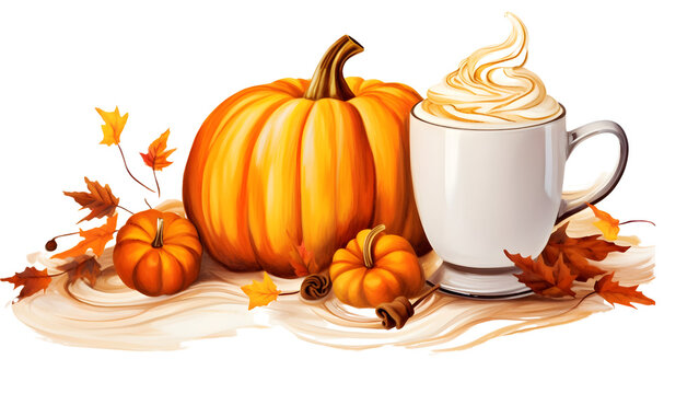 Traditional autumn pumpkin spiced latter isolated on white, watercolor