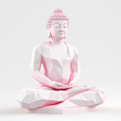 Plaster statue of Buddha in white and pink colors on white background,