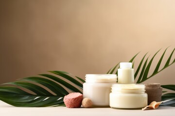 Beauty-themed background with natural cosmetic products in the foreground, including creams, masks, and lotions for face and body care, with empty space for text.