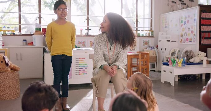 School, presentation and girl student with teacher for speaking, skill development or speech assessment. Classroom, speech and child with educator for oral speaking, test or language assignment
