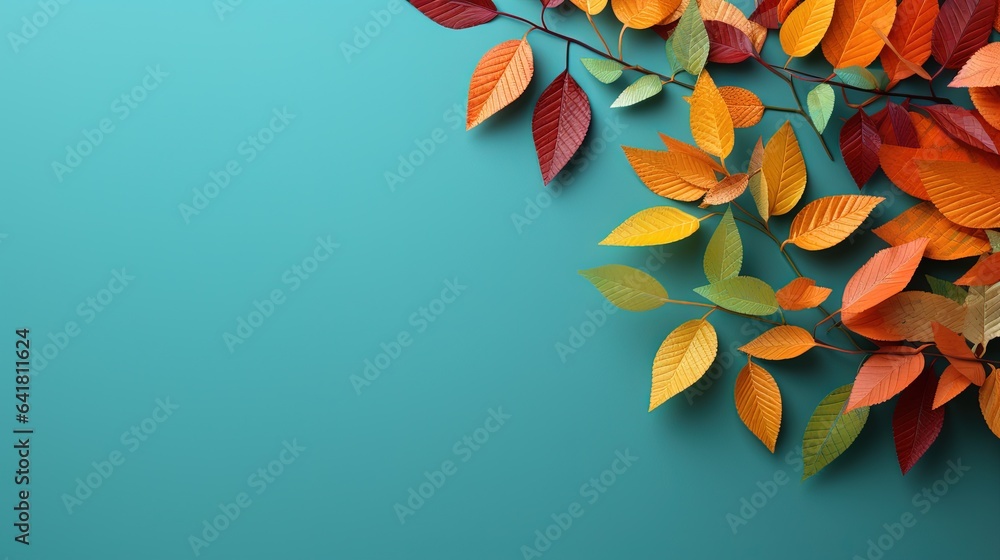 Poster a branch of a tree with leaves on a blue background. generative ai