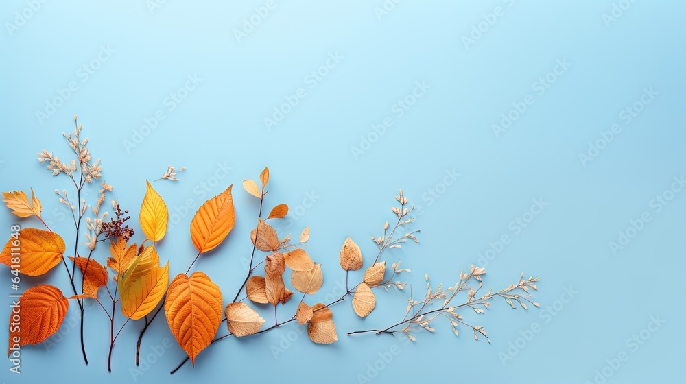 Poster a branch with leaves and flowers on a blue background with space for text. generative ai