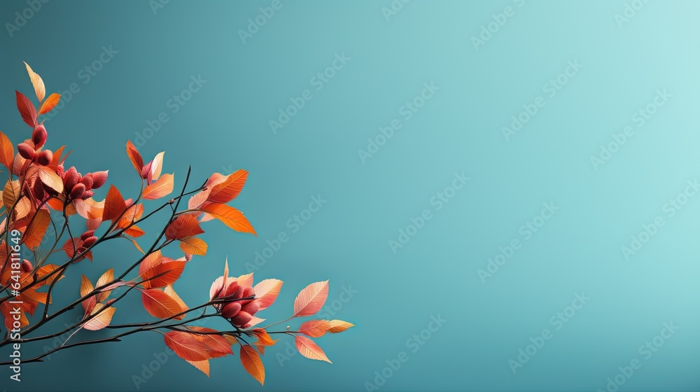 Poster a branch with orange leaves against a blue background with copy - space. generative ai
