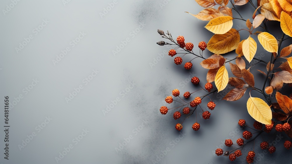 Poster a branch with berries and leaves on a gray background with a place for text. generative ai