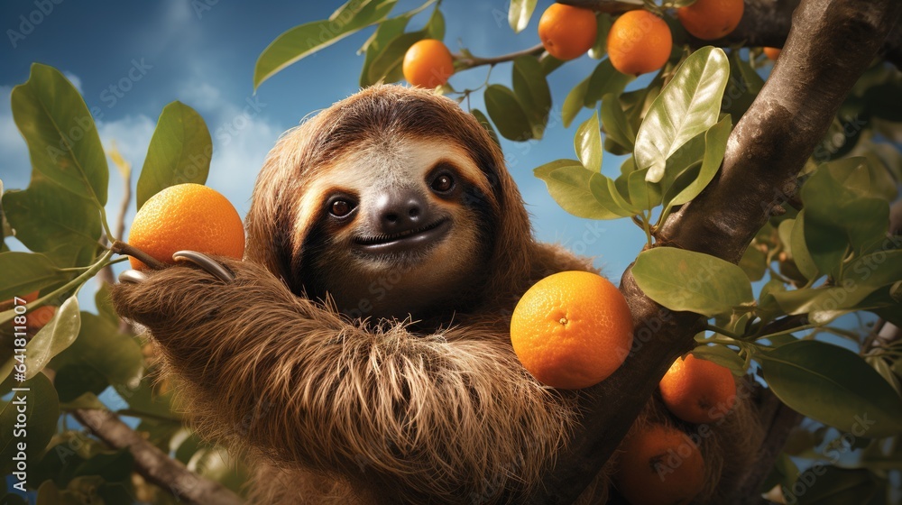 Poster a sloth is hanging from a tree with oranges. generative ai