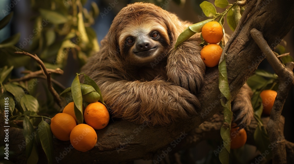 Aufkleber a sloth is sitting in a tree with oranges. generative ai