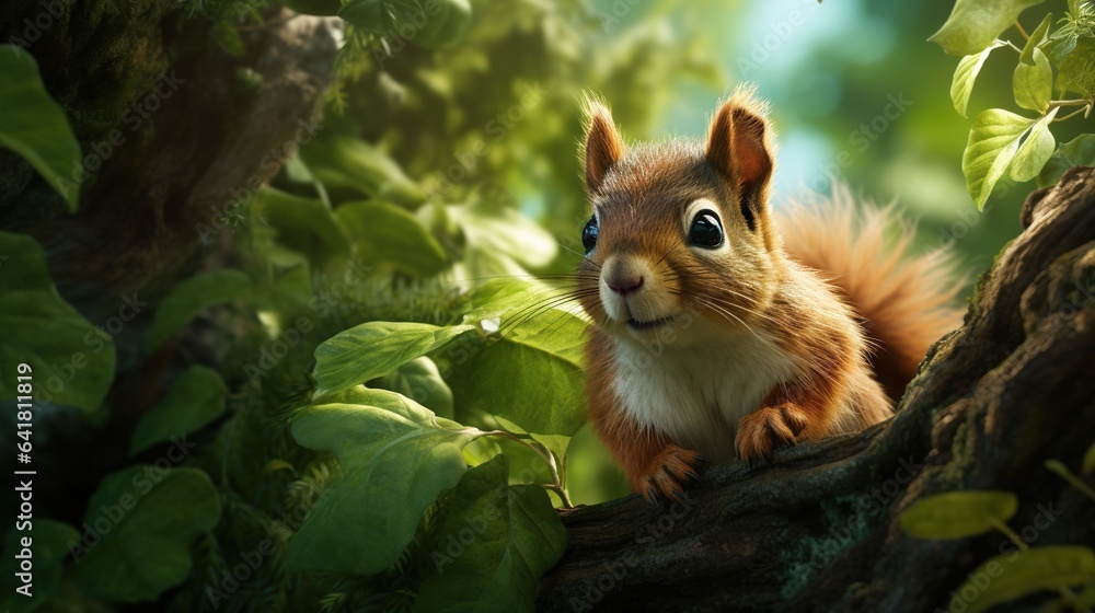 Poster a squirrel is sitting in a tree and looking at the camera. generative ai