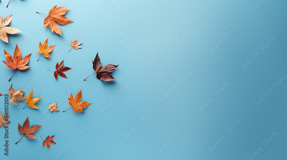 Poster a group of autumn leaves floating on a blue background with a place for text. generative ai
