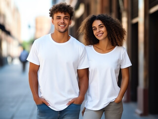 Fototapeta premium A couple boyfriend and girlfriend wearing blank white matching t-shirts mockup for design template