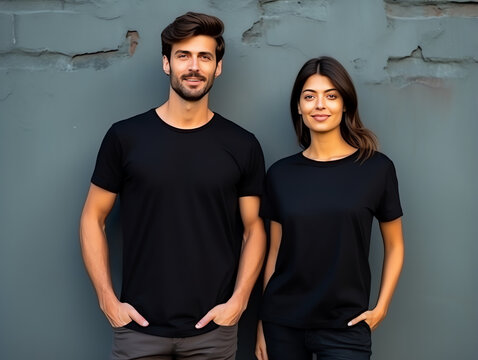 A Couple Boyfriend And Girlfriend Wearing Blank Black Matching T-shirts Mockup For Design Template