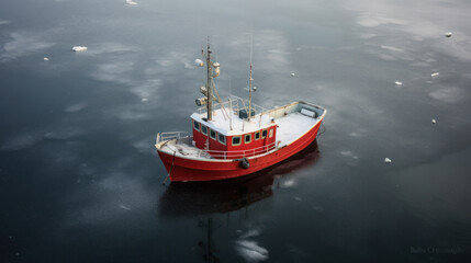 Fototapeta premium Close-up Aerial view of Red boat winter in the ice ocean