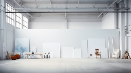 Minimalist interior of art studio wide angle view