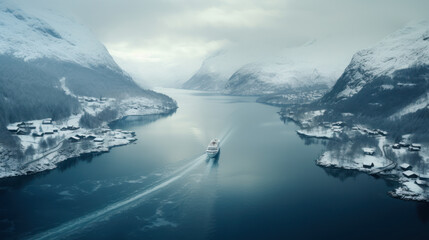Aerial view of boat winter in the Geirangerfjord, Norway
