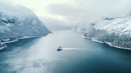 Aerial view of boat winter in the Geirangerfjord, Norway