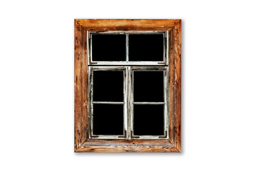 Wooden window isolated on white. Empty copy space rustic cottage house. Vintage cabin construction. Countryside architecture texture. 