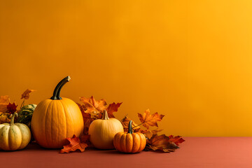 Naklejka na ściany i meble Harvest - themed table decor featuring pumpkins and fall foliage, yellow backdrop, copy space, banner. generative ai