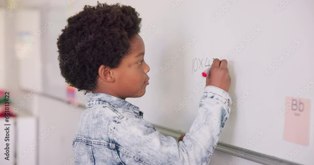 Aufkleber math class, child at writing on board for education, learning and problem solving for skill developm
