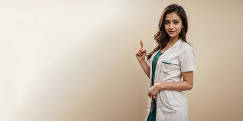 Young Indian Medical Professional Making a Point. Medical and Healthcare Advertising Concept. Joyful, cheerful Studio Shot.